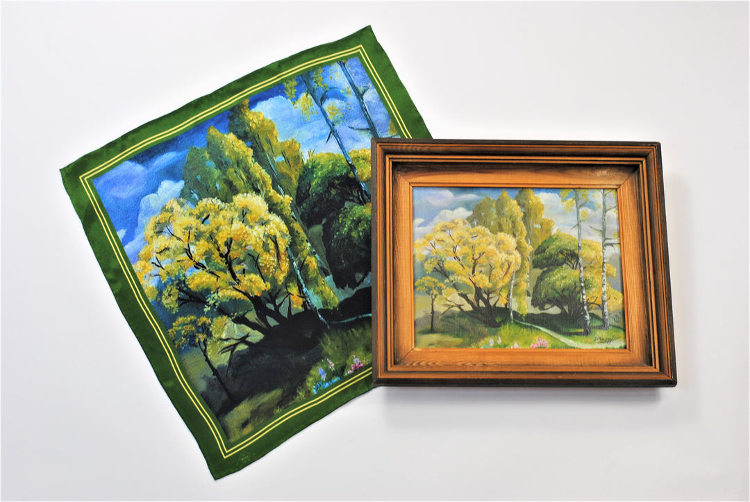 GOLD MEADOW Art-A-Porte Designer 100% Silk Square Scarf in Green Yellow AlesiaC.com