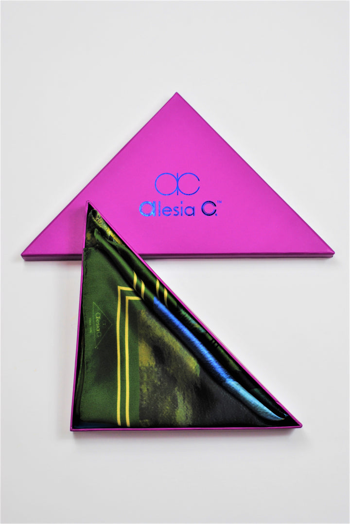 GOLD MEADOW Art-A-Porte Designer 100% Silk Square Scarf in Green Yellow AlesiaC.com