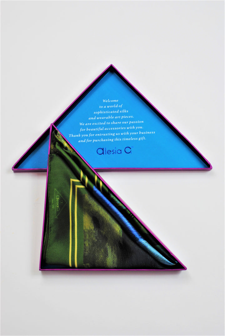 GOLD MEADOW Art-A-Porte Designer 100% Silk Square Scarf in Green Yellow AlesiaC.com