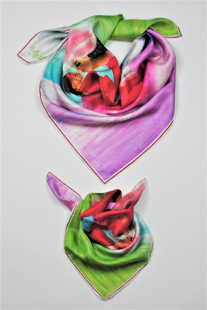 YOU ARE THE BEST Wearable Art Pure Silk Scarf 34'x34" by Alesia Chaika Love Story of Mother and daughter fine wearable art