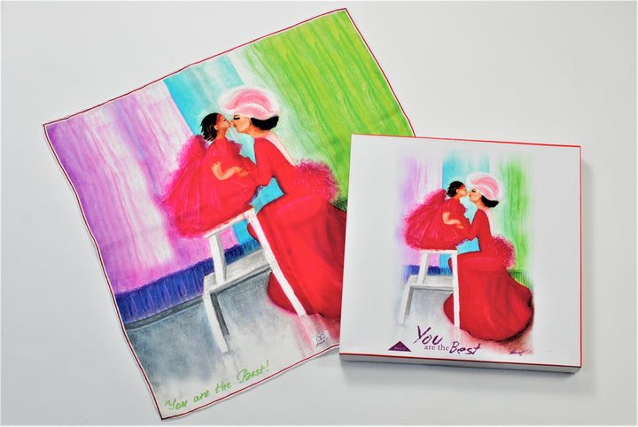 Best Mothers day Gift YOU ARE THE BEST Wearable Art Pure Silk Scarf 34'x34" by Alesia Chaika Love Story of Mother and daughter fine wearable art