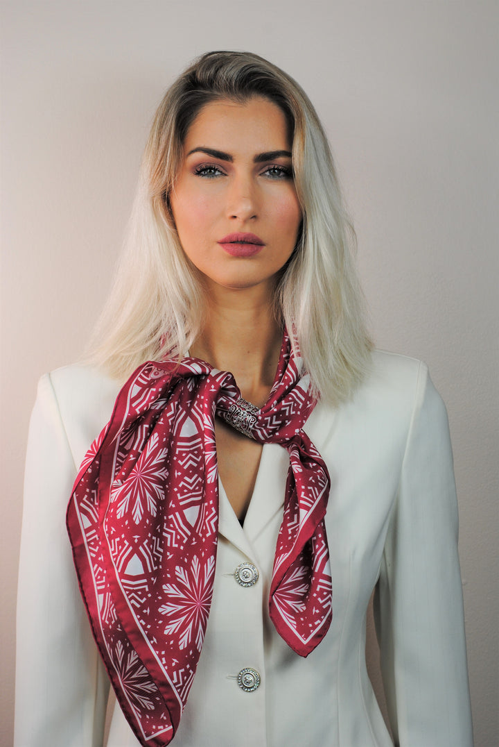 Aster Mandala Pure Silk Scarf in Burgunde Red White White by Alesia Chaika
