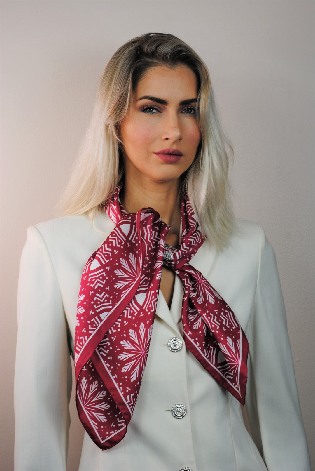 Aster Mandala Pure Silk Scarf in Burgunde Red White White by Alesia Chaika
