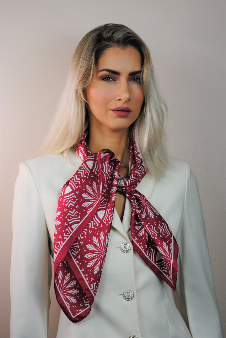 Aster Mandala Pure Silk Scarf in Burgunde Red White White by Alesia Chaika