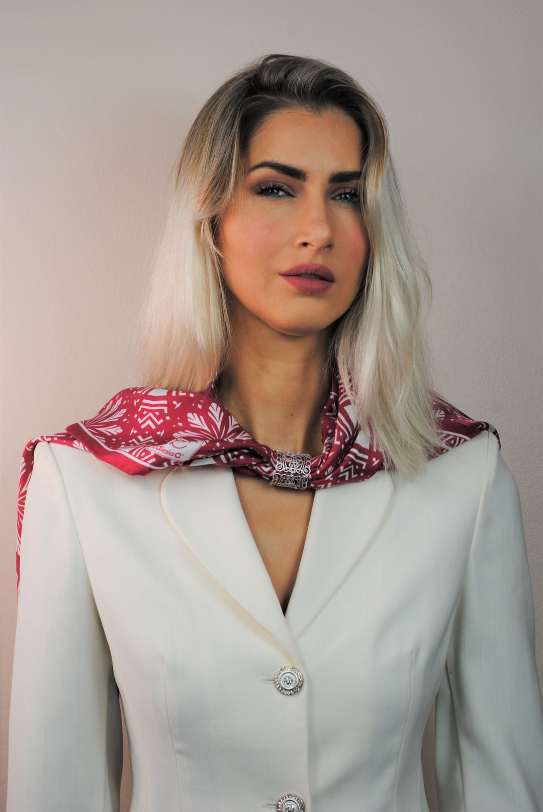 Aster Mandala Pure Silk Scarf in Burgunde Red White White by Alesia Chaika