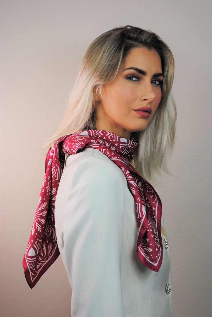 Aster Mandala Pure Silk Scarf in Burgunde Red White White by Alesia Chaika
