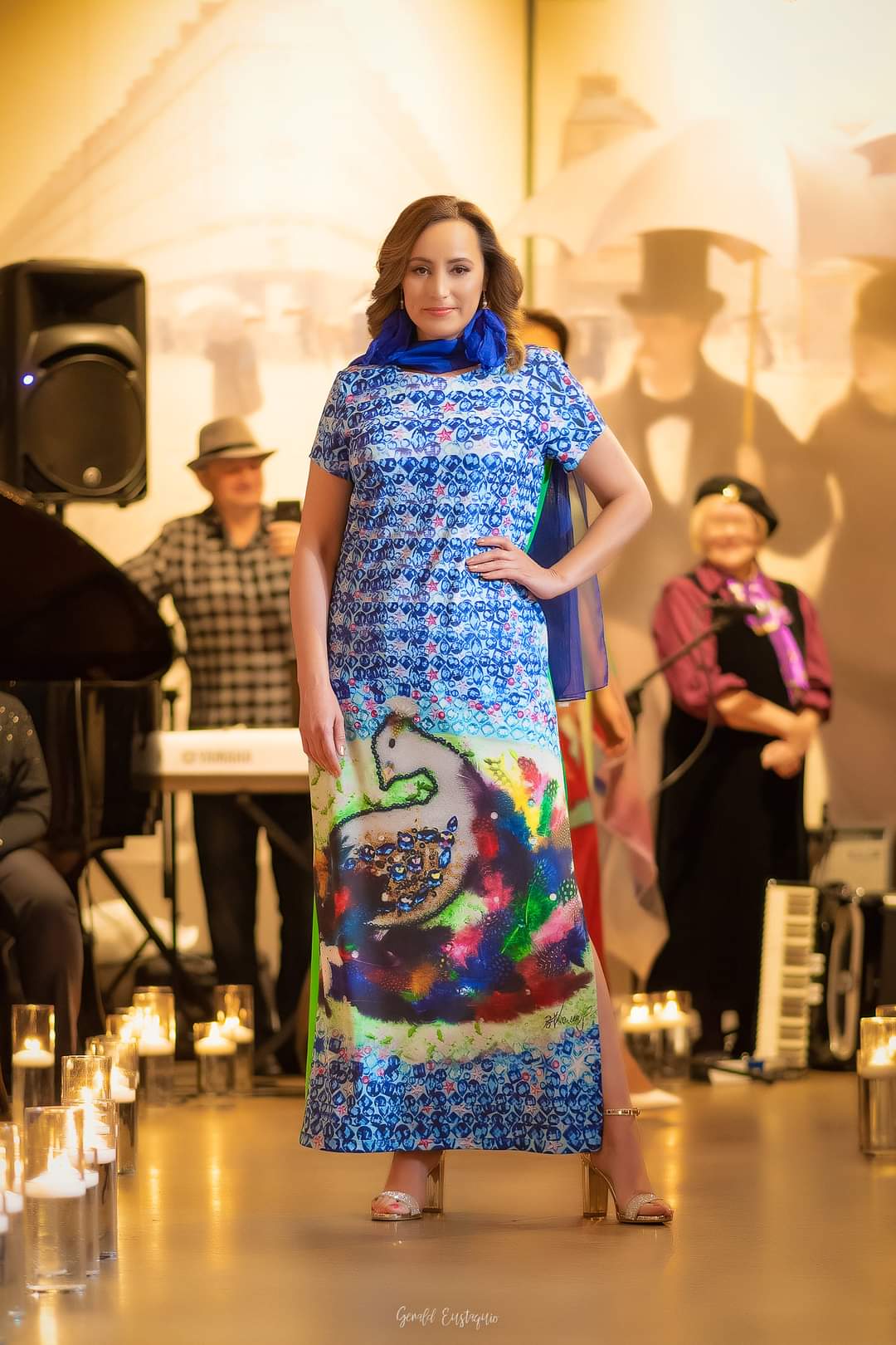 Summer Bright Maxi Dress With Sleeves Scoop NeckWearable Art BE HAPPY by artist Alesia Chaika Made In USA Featured at the Museum Of Contemporary Art Chicago in the charity runway fashion show and artworks exhibition