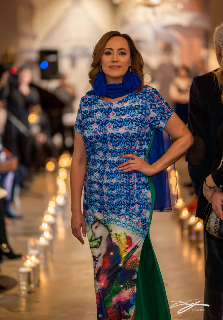 Summer Bright Maxi Dress With Sleeves Scoop NeckWearable Art BE HAPPY by artist Alesia Chaika Made In USA Featured at the Museum Of Contemporary Art Chicago in the charity runway fashion show and artworks exhibition