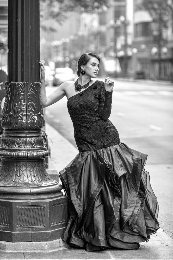 Black Rose Lace Bodice Mermaid Organza Ruffle Skirt Long Gown by Alesia Chaika