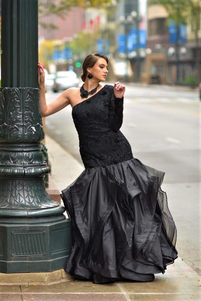 Black Rose Lace Bodice Mermaid Organza Ruffle Skirt Long Gown by Alesia Chaika