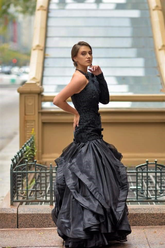Black Rose Lace Bodice Mermaid Organza Ruffle Skirt Long Gown by Alesia Chaika