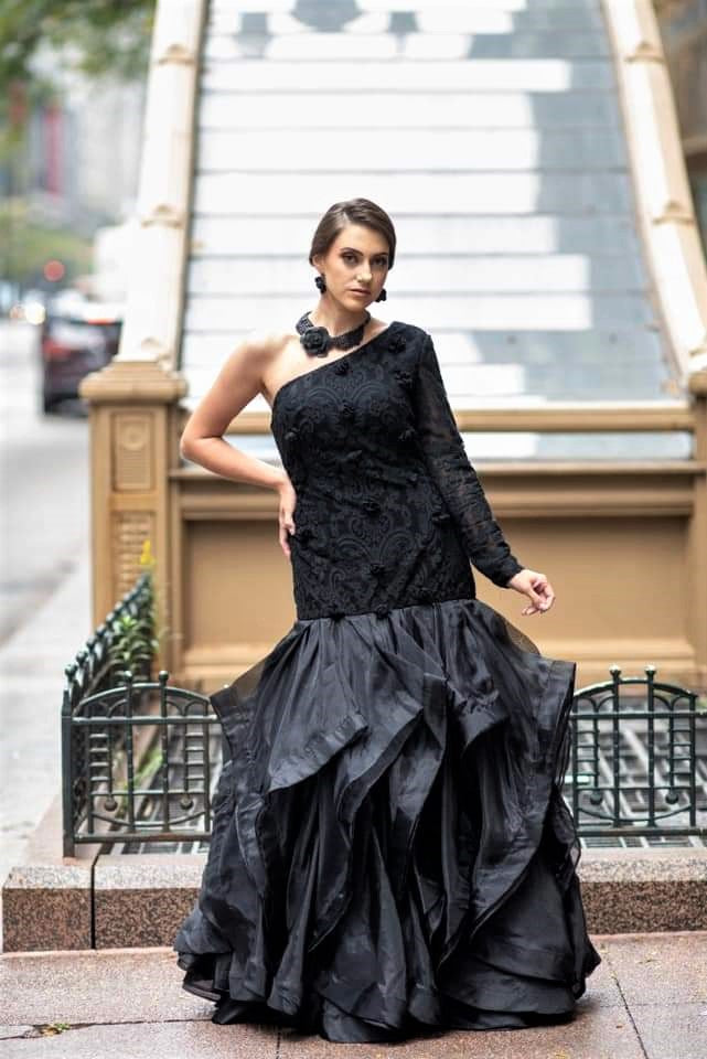 Black Rose Lace Bodice Mermaid Organza Ruffle Skirt Long Gown by Alesia Chaika