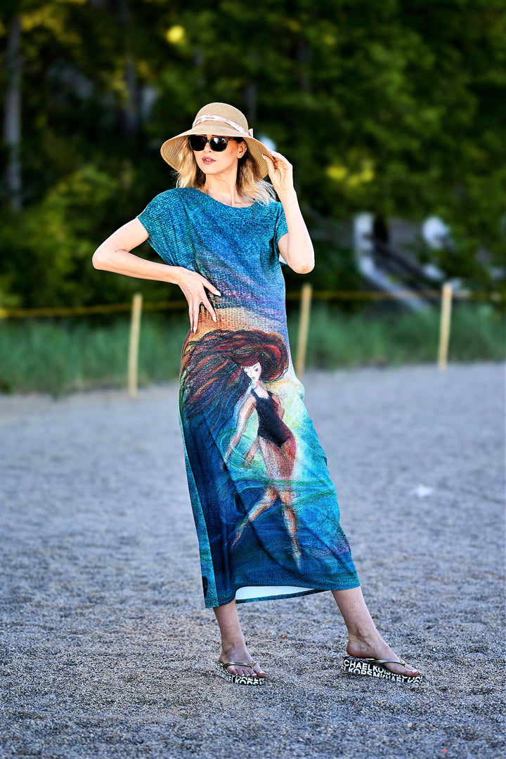 Summer Bright Maxi Dress With Sleeves Wearable Art Be Grateful by artist Alesia Chaika Made In USA Featured at Museum Of Contemporary Art Chicago