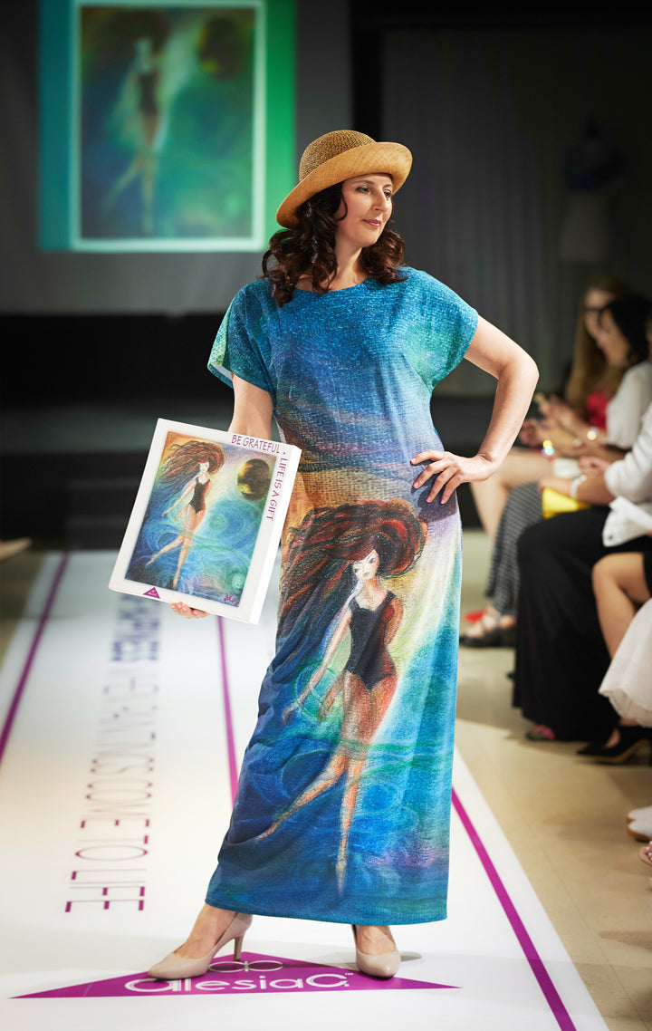 Summer Bright Maxi Dress With Sleeves Wearable Art Be Grateful by artist Alesia Chaika Made In USA Featured at Museum Of Contemporary Art Chicago