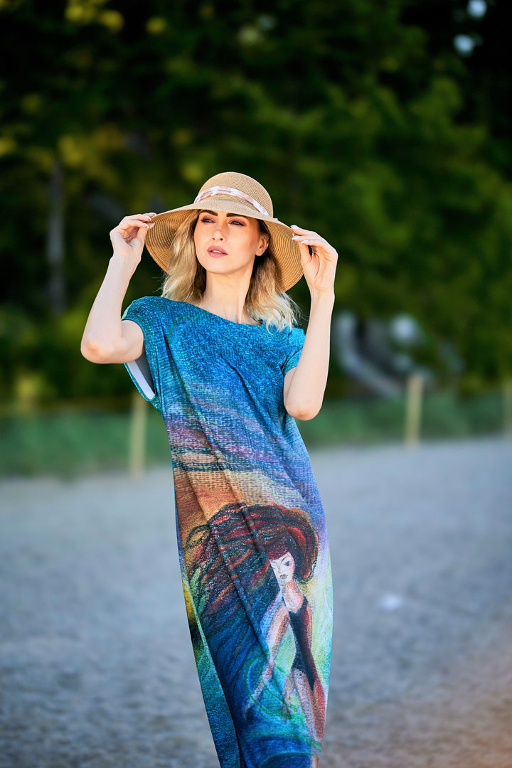 Summer Bright Maxi Dress With Sleeves Wearable Art Be Grateful by artist Alesia Chaika Made In USA Featured at Museum Of Contemporary Art Chicago