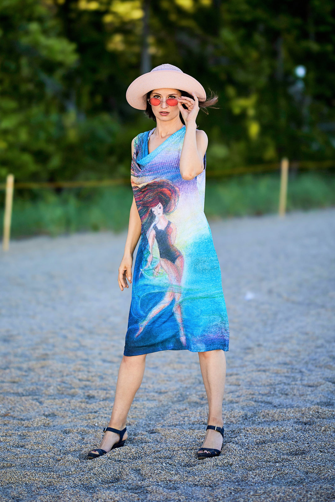 Summer Bright Midi Sleeveless Dress Wearable Art Be Grateful by artist Alesia Chaika Made In USA Featured at the Palmer House Hilton Hotel Chicago in the charity runway fashion show and artworks exhibition