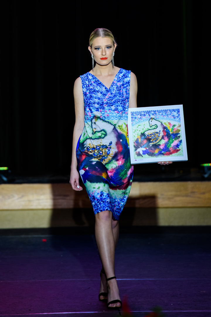 Be Happy Wearable Mosaic Art Dress by Alesia Chaika Bird Of Happiness Resort Colorful Luxury Knee length Dress Diamonds Feathers Peacock Chicago palmer House Hilton