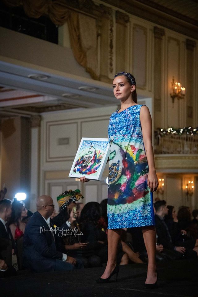 Summer Bright Midi Sleeveless Cowl Neckline Dress Wearable Art BE HAPPY by artist Alesia Chaika Made In the USA Featured at the Museum Of Contemporary Art Chicago Mom and Daughter Love Story