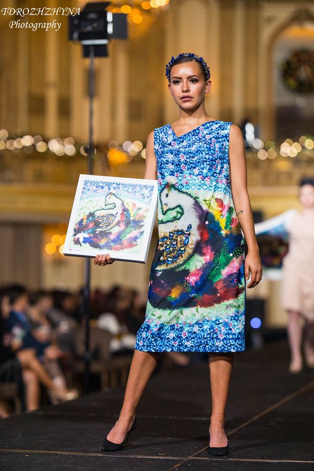 Be Happy Wearable Mosaic Art Dress by Alesia Chaika Bird Of Happiness Resort Colorful Luxury Knee length Dress Diamonds Feathers Peacock Chicago Palmer House Hilton
