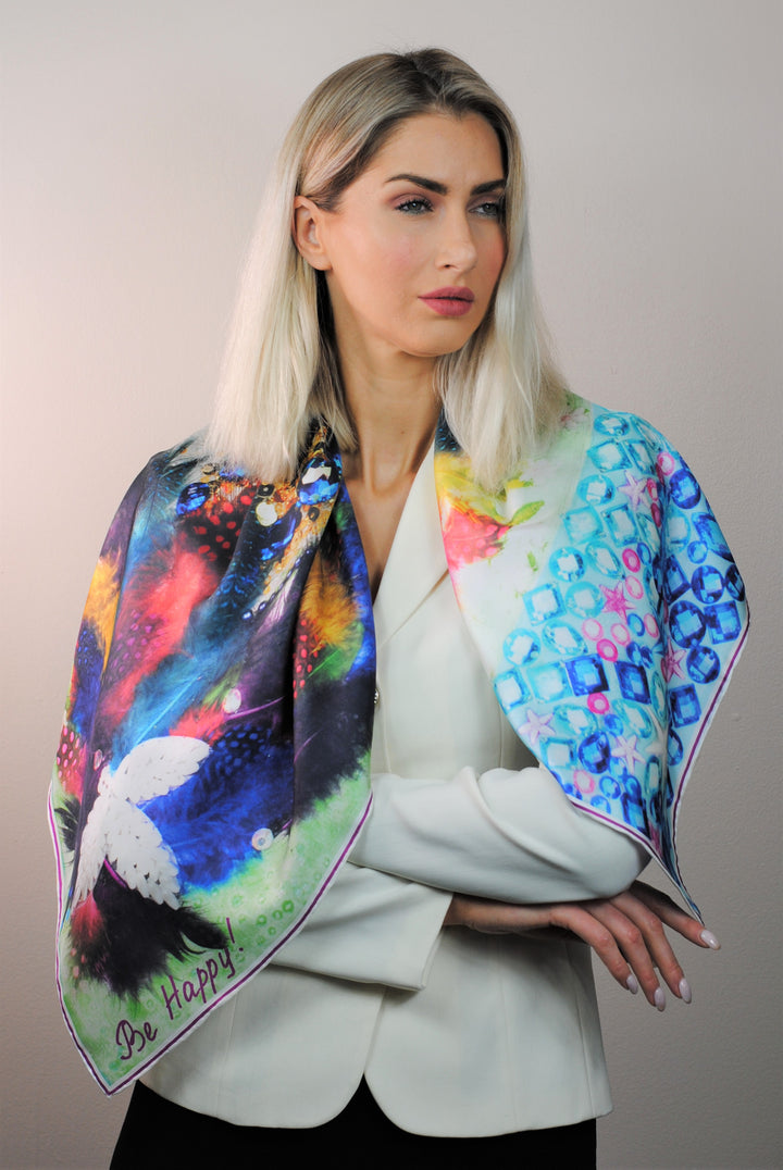 Fine Art Copy Best Gift For her BE HAPPY Wearable Art Pure Silk Scarf Bird Of happiness Bright 100% Silk Shawl by Chicago Fashion Designer Alesia Chaika