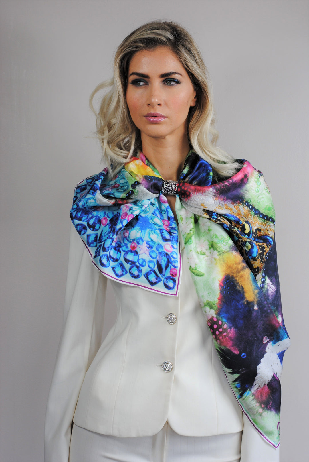 Fine Art Copy Best Gift For her BE HAPPY Wearable Art Pure Silk Scarf Bird Of happiness Bright 100% Silk Shawl by Chicago Fashion Designer Alesia Chaika