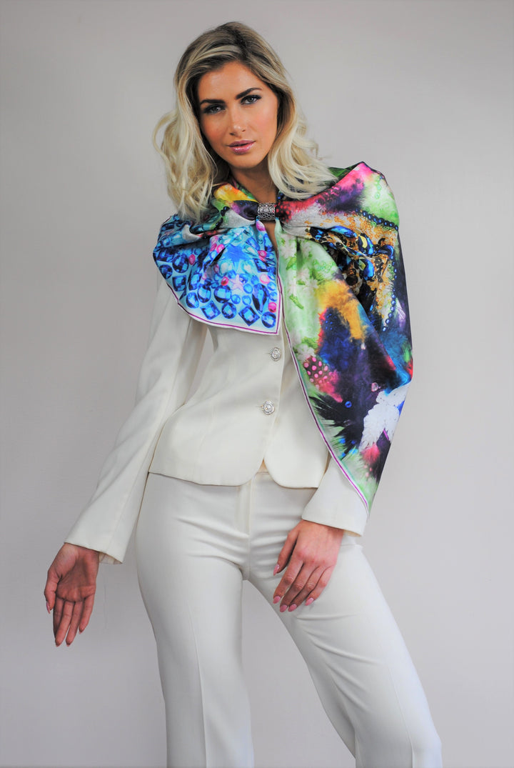 Fine Art Copy Best Gift For her BE HAPPY Wearable Art Pure Silk Scarf Bird Of happiness Bright 100% Silk Shawl by Chicago Fashion Designer Alesia Chaika