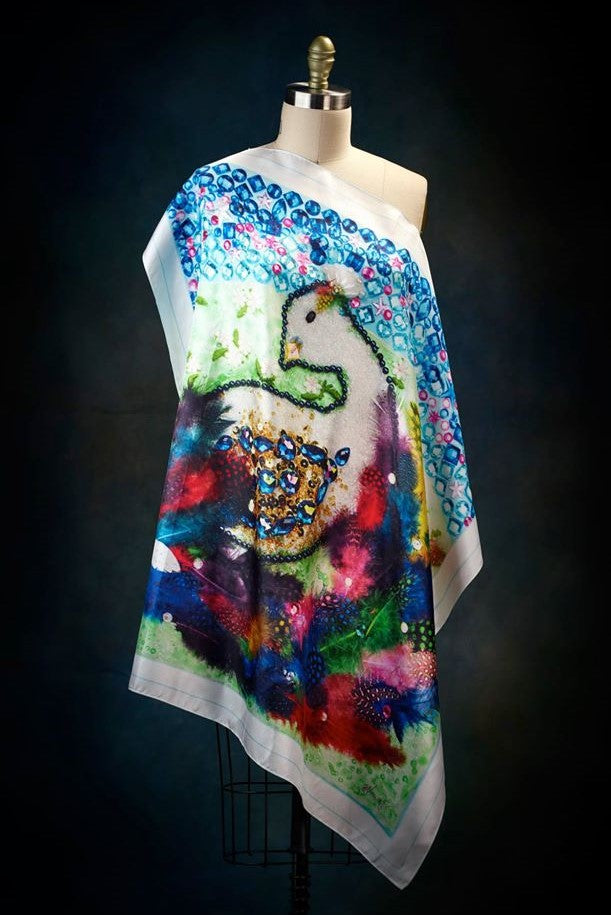 Fine Art Copy Best Gift For her BE HAPPY Wearable Art Pure Silk Scarf Bird Of happiness Bright 100% Silk Shawl by Chicago Fashion Designer Alesia Chaika