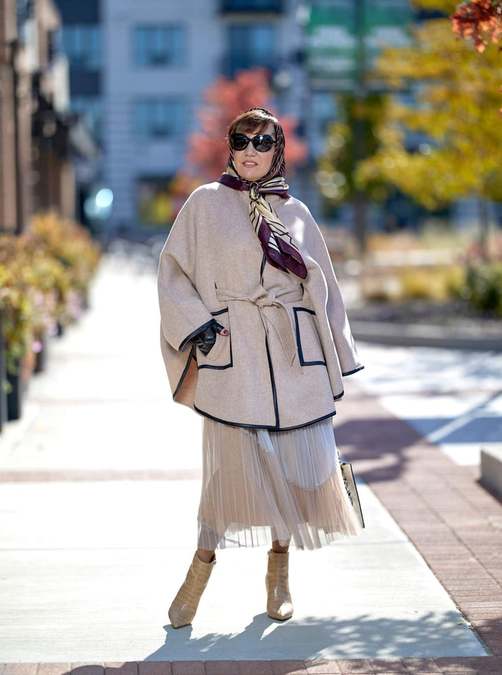 Beige Alpaca Wool Belted Cape Poncho Coat Brown Leather by Alesia Chaika