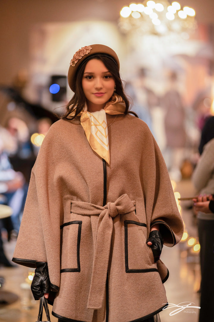 Luxury Designer Beige Alpaca Wool Belted Cape Poncho Coat Brown Leather by Alesia Chaika