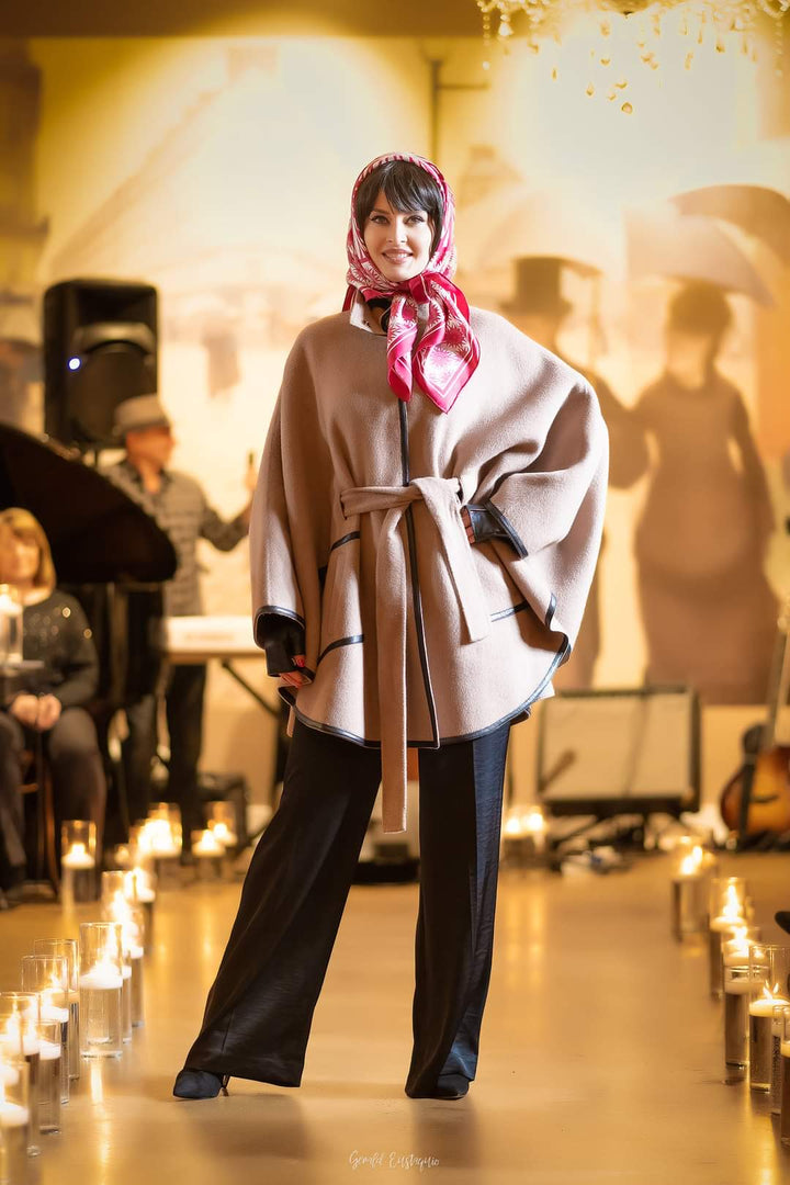 Luxury Designer Beige Alpaca Wool Belted Cape Poncho Coat Brown Leather by Alesia Chaika