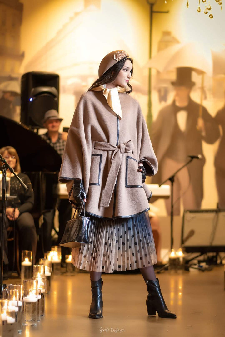 Luxury Designer Beige Alpaca Wool Belted Cape Poncho Coat Brown Leather by Alesia Chaika