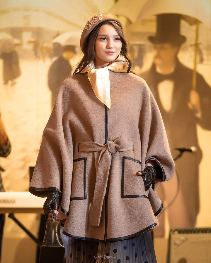Luxury Designer Beige Alpaca Wool Belted Cape Poncho Coat Brown Leather by Alesia Chaika