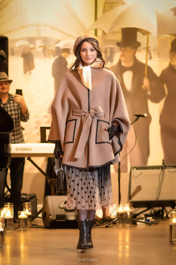 Luxury Designer Beige Alpaca Wool Belted Cape Poncho Coat Brown Leather by Alesia Chaika