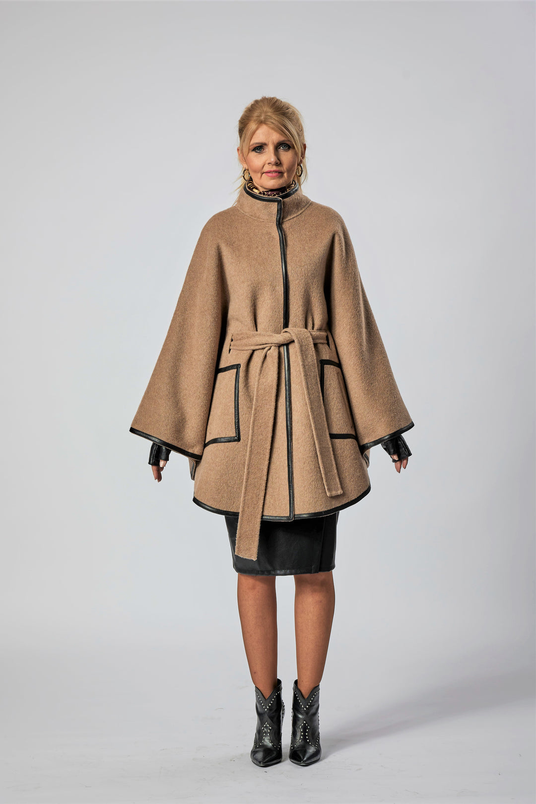 Beige Italian 100% cashmere wool women cape coat swing classic elegant coat by Alesia Chaika 