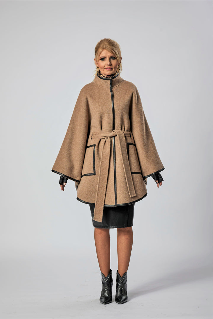 Beige Italian 100% cashmere wool women cape coat swing classic elegant coat by Alesia Chaika 