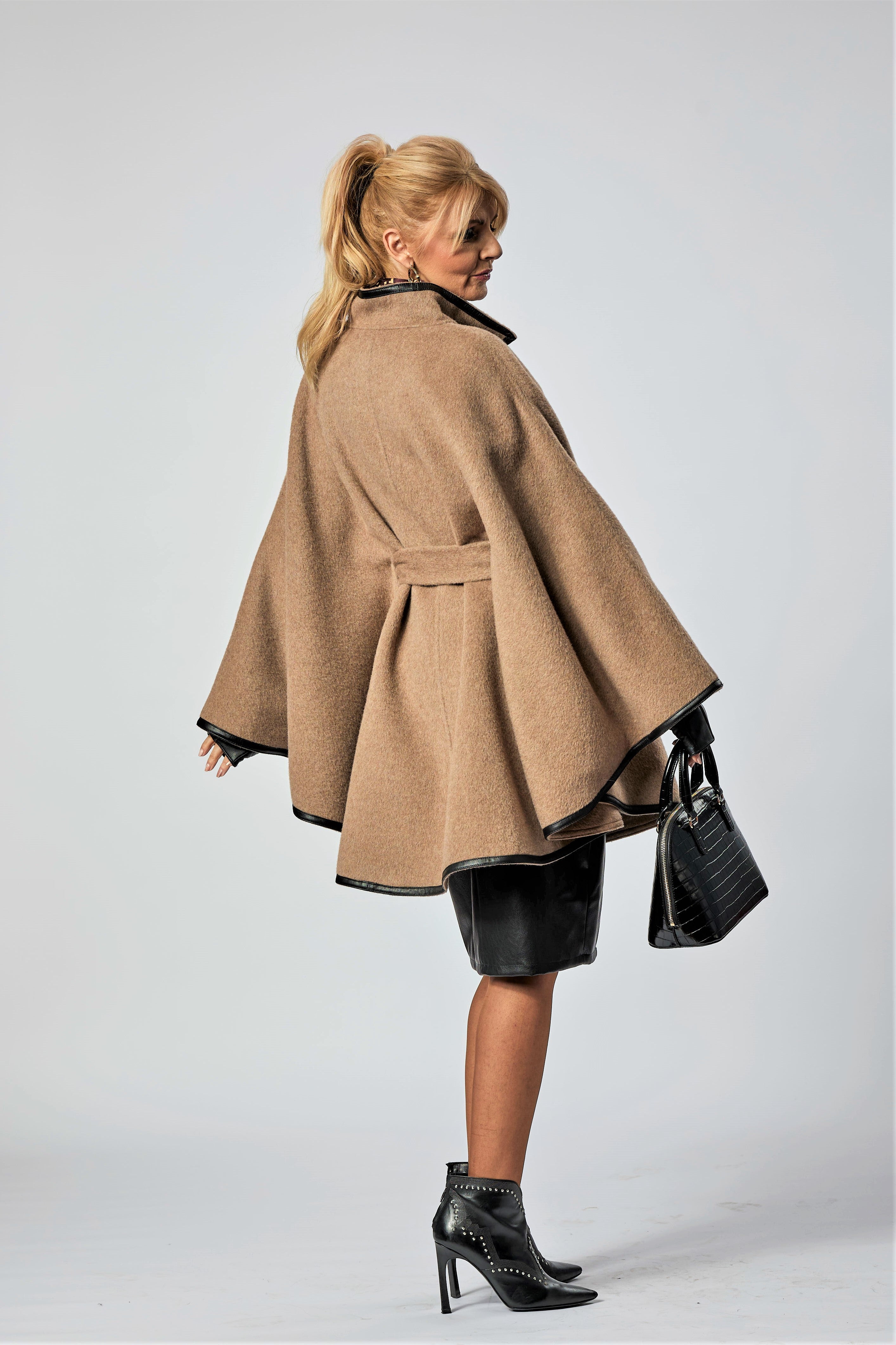 Alpaca Belted Cape Poncho Coat Brown Leather