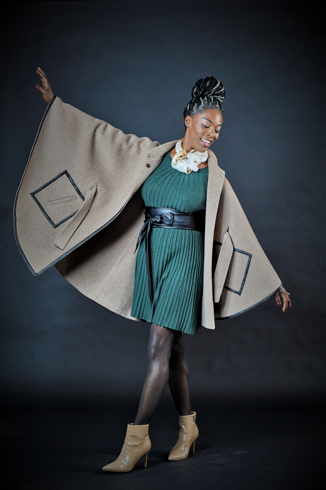 Beige Italian 100% cashmere wool women cape coat swing classic elegant coat by Alesia Chaika 