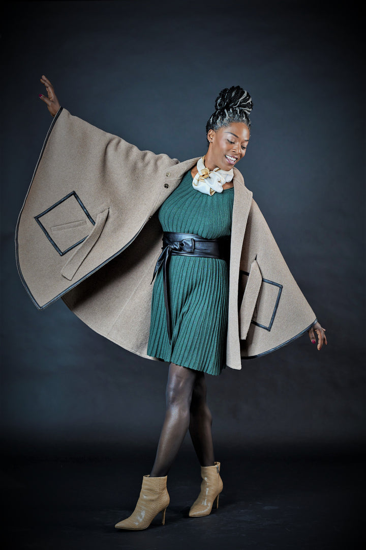 Beige Italian 100% cashmere wool women cape coat swing classic elegant coat by Alesia Chaika 
