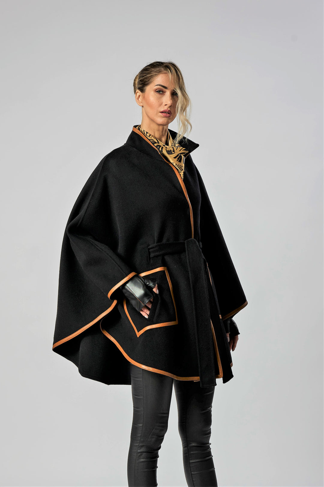 Black Italian 100% cashmere wool women cape coat swing  classic elegant coat by Alesia Chaika