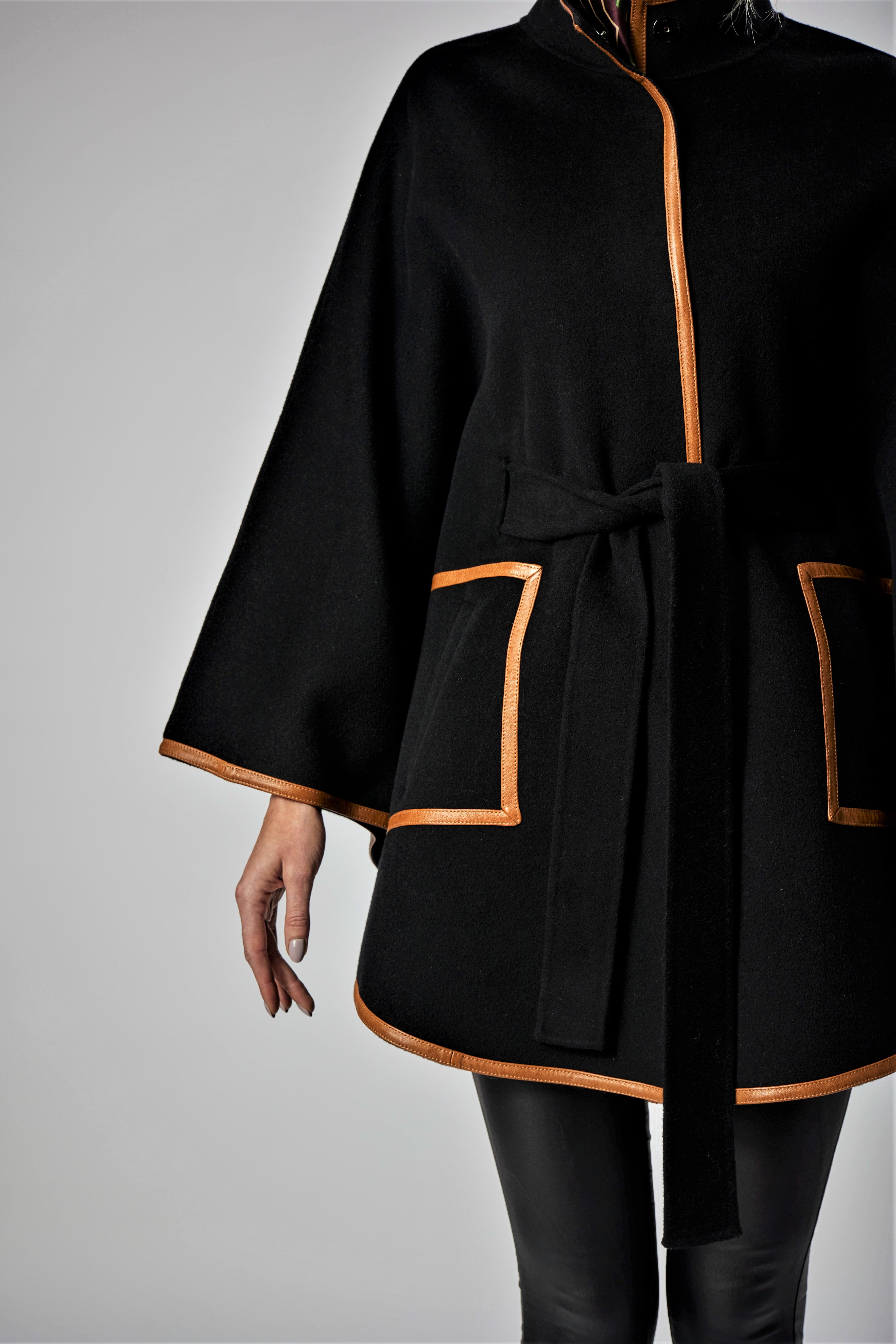 Kimono Black Wool & Cashmere Cape Coat | Leather Trim Poncho