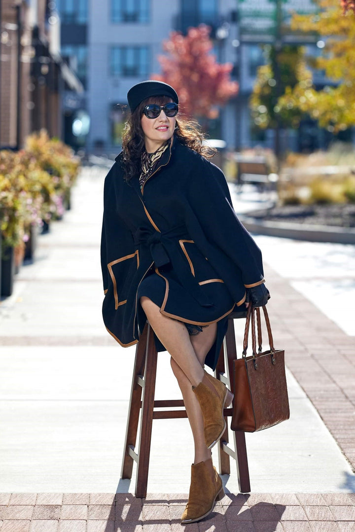 Black Wool Cashmere Belted Cape Poncho Coat Brown Leather by Alesia Chaika