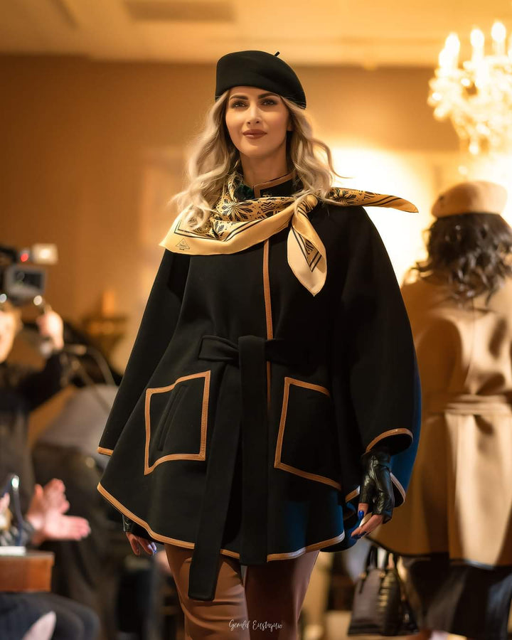 Black Wool Cashmere Belted Cape Poncho Coat Brown Leather by Alesia Chaika