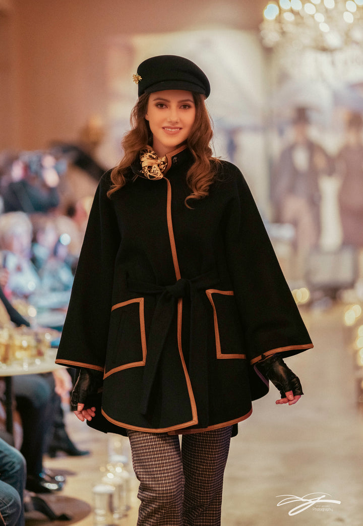 Black Wool Cashmere Belted Cape Poncho Coat Brown Leather by Alesia Chaika