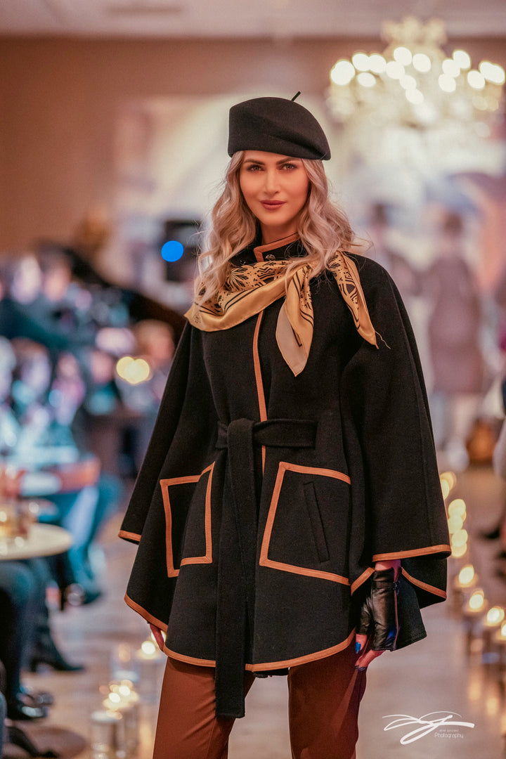 Black Wool Cashmere Belted Cape Poncho Coat Brown Leather by Alesia Chaika