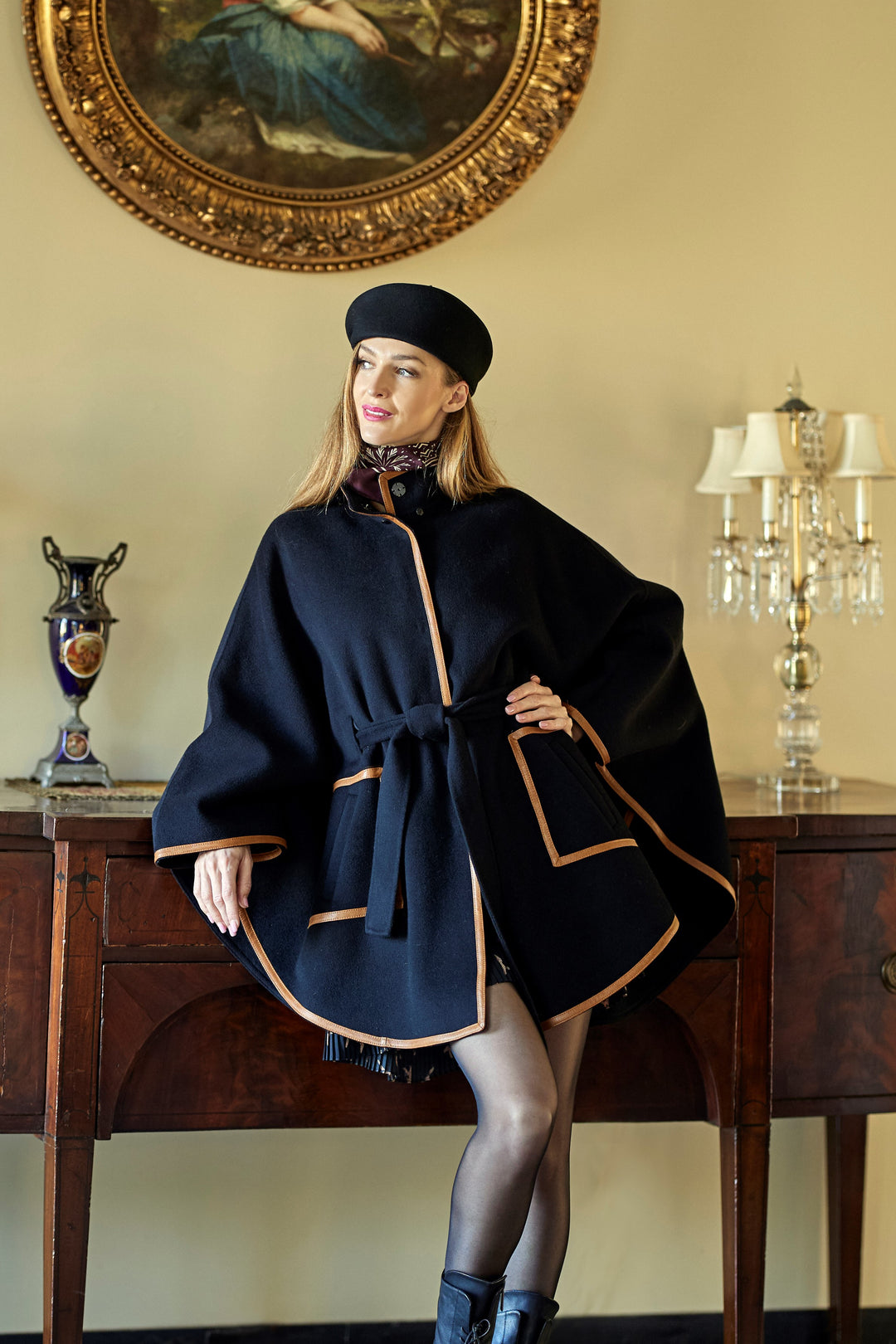 Black Wool Cashmere Belted Cape Poncho Coat Brown Leather by Alesia Chaika