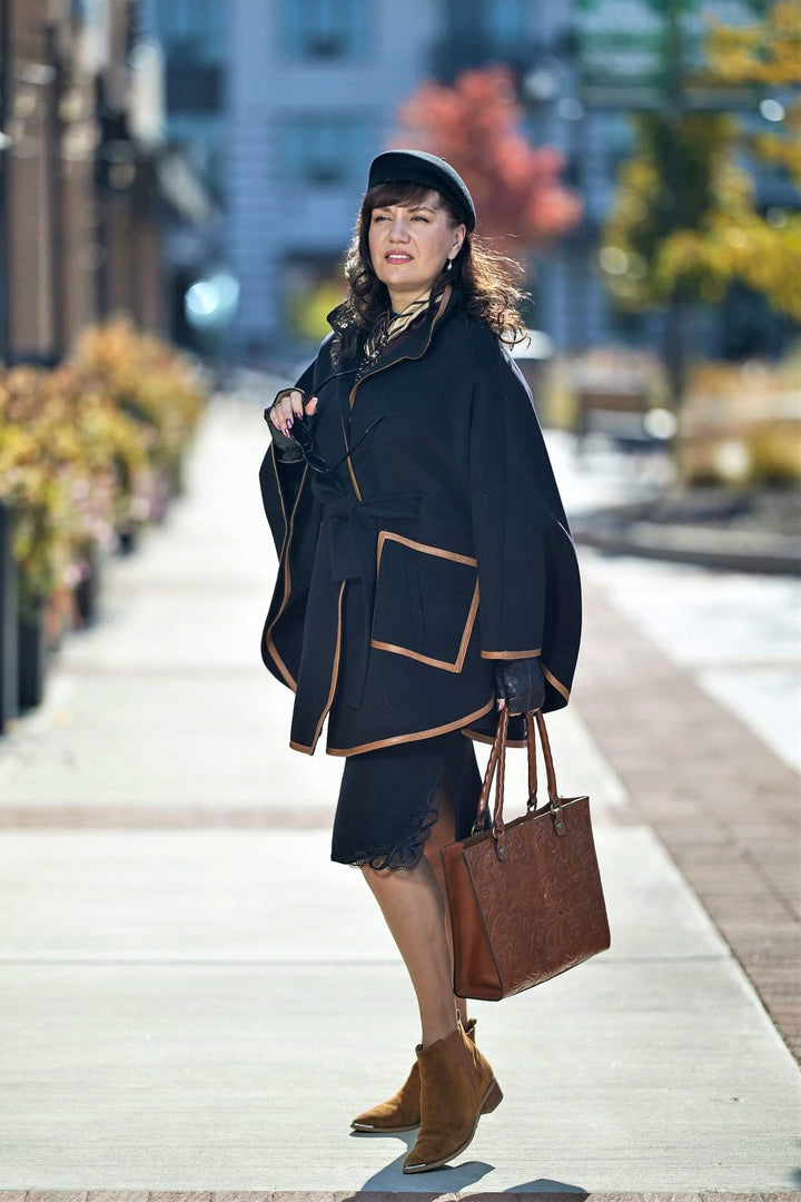 Black Wool Cashmere Belted Cape Poncho Coat Brown Leather by Alesia Chaika