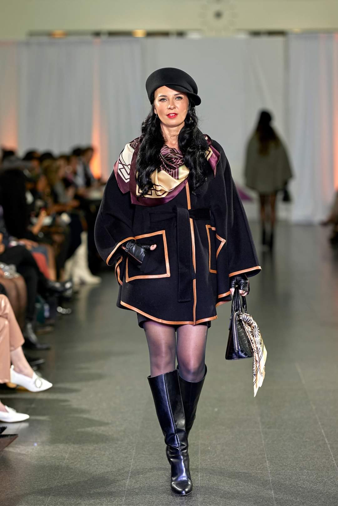 Black Wool Cashmere Belted Cape Poncho Coat Brown Leather by Alesia Chaika
