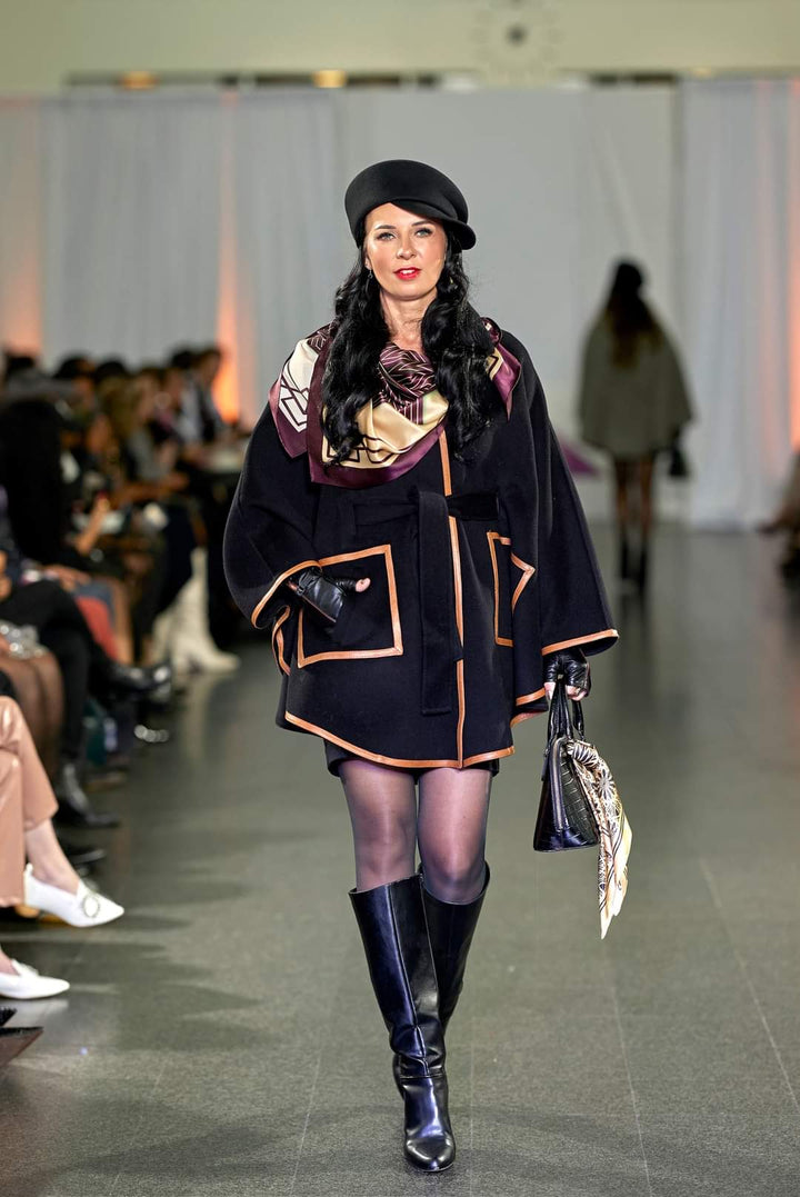 Black Wool Cashmere Belted Cape Poncho Coat Brown Leather by Alesia Chaika