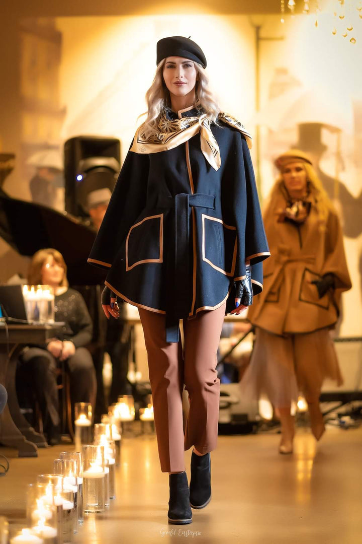 Black Wool Cashmere Belted Cape Poncho Coat Brown Leather by Alesia Chaika