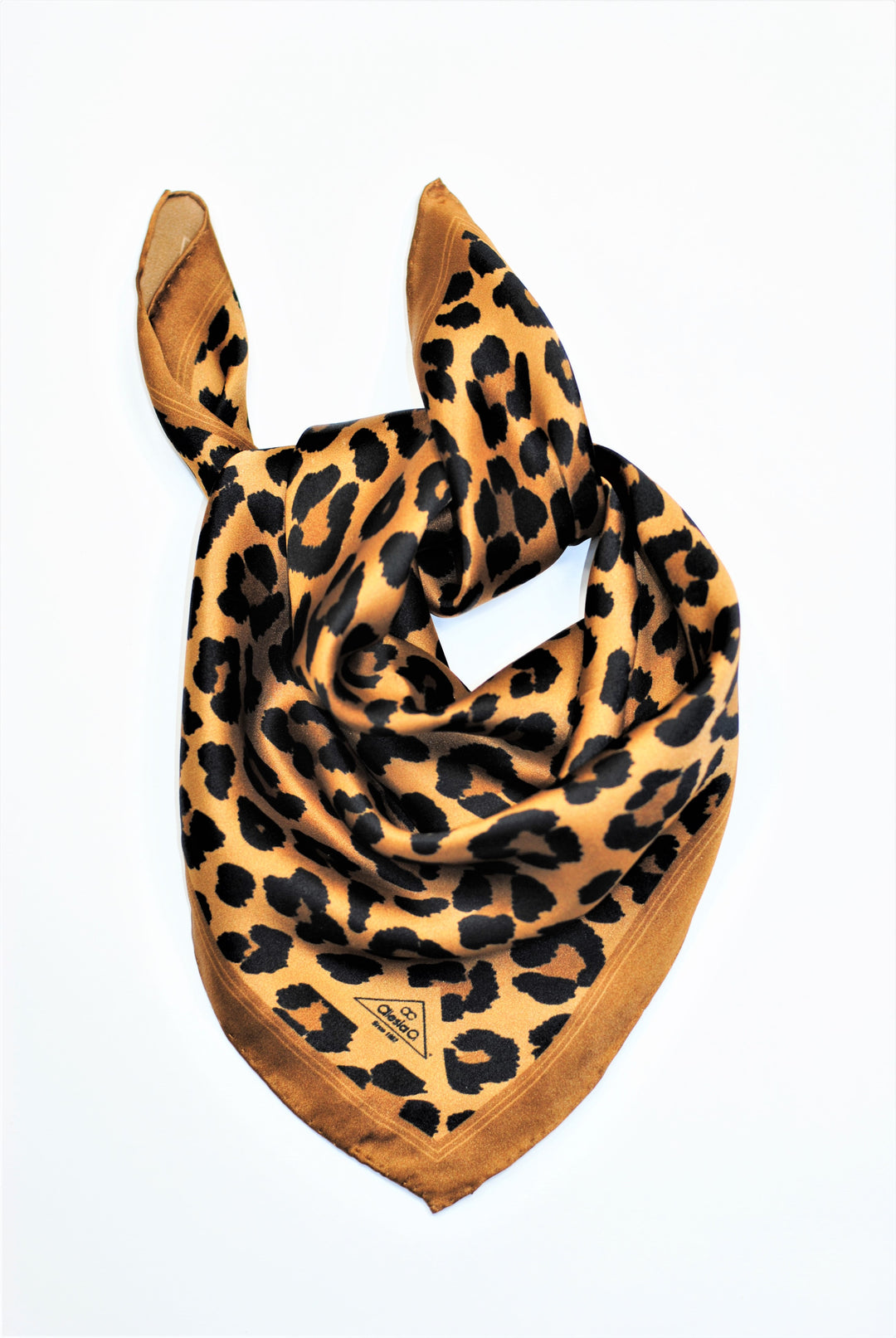 CHEETAH LUX Leopard Animal Print Pure 100% Silk Scarf Brown Beige Signature Designer Logo Alesia Chaika Alesia C.
